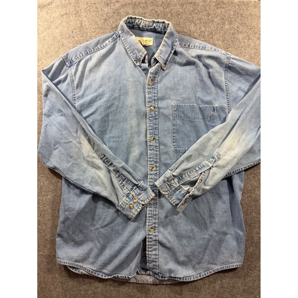Vintage Eddie Bauer Denim Button Down Shirt Mens Large L Blue Long Sleeve Work